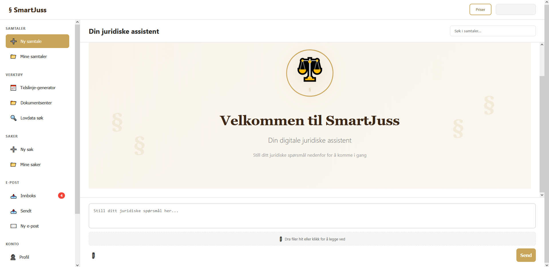 SmartJuss applikasjon &mdash; AI juridisk assistent grensesnitt